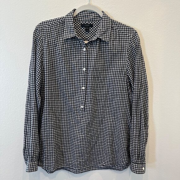 J. Crew Tops - J. Crew Gathered Popover Shirt Microgingham Preppy Long Sleeve Black/White Sz 6